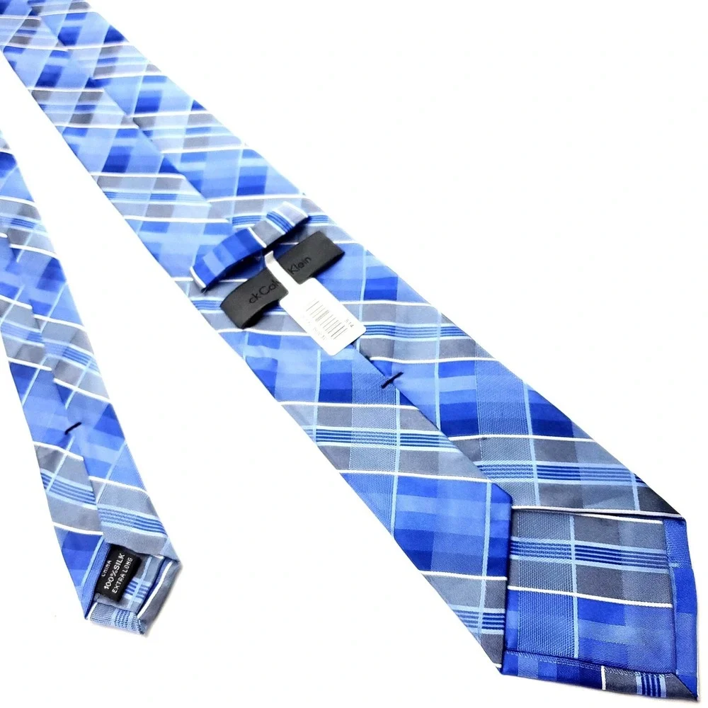 Calvin‎ Klein Blue Silk Tie Woven Skinny Plaids & Stripes